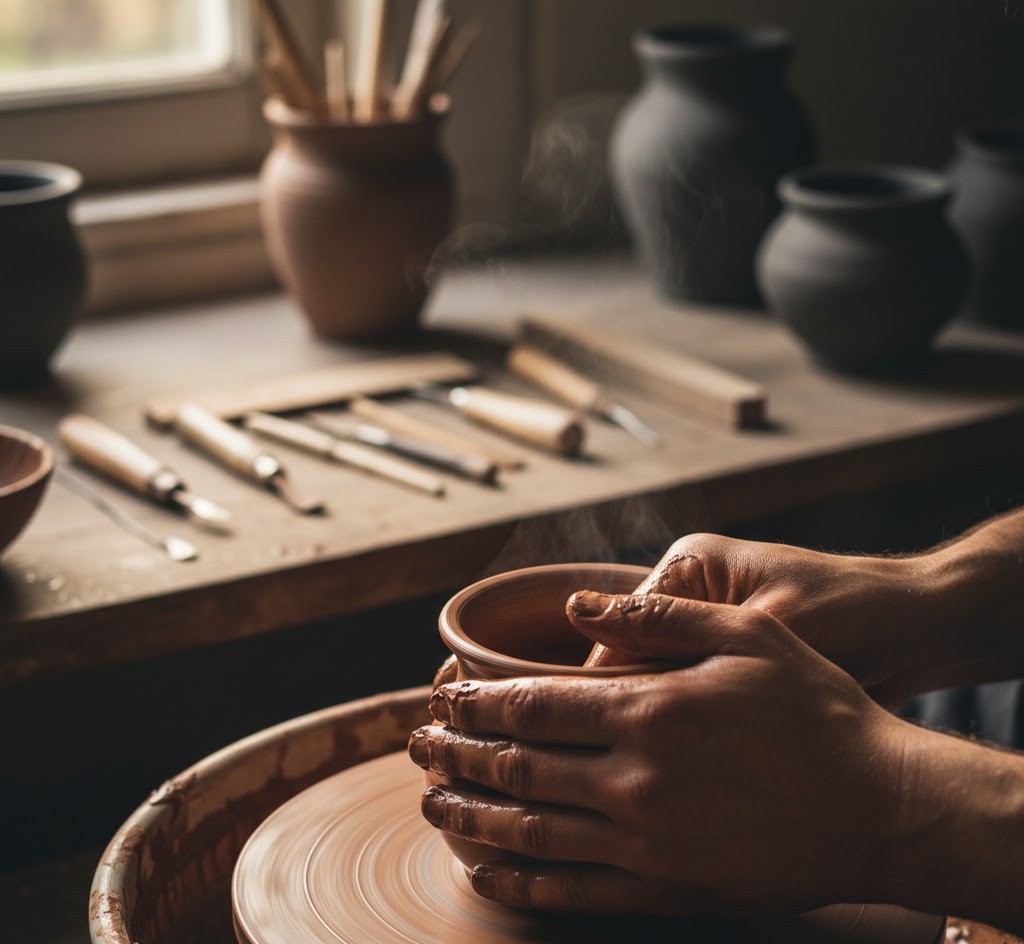 Craftsman working on ceramic piece