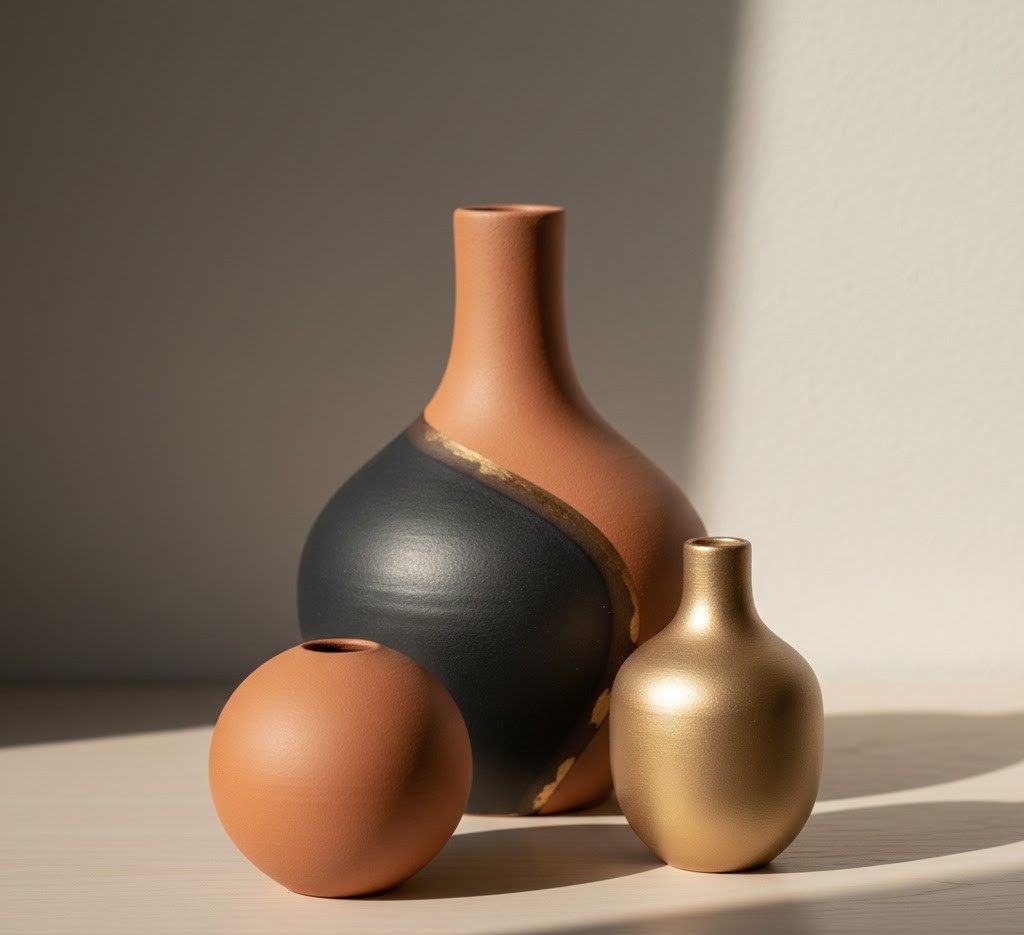 Elegant arrangement of three ceramic vases