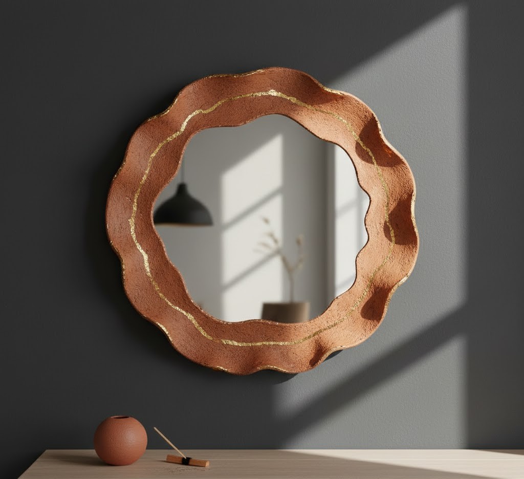 Handcrafted decorative mirror with terracotta frame