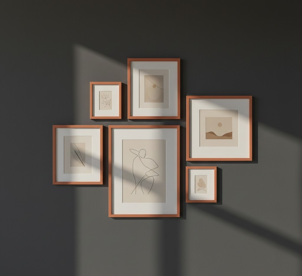 Collection of framed art pieces